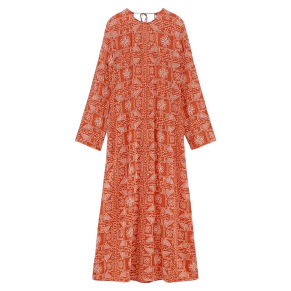 Zara Tunic Maxi‎ Dress All Over Embroidered Pattern Orange Size L